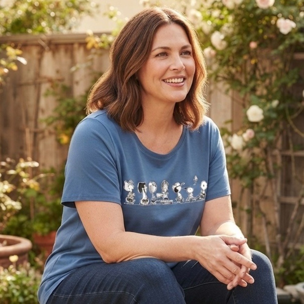Peanuts Snoopy Charlie Brown Gang Graphic T-Shirt Blue Women Plus Size 0X Cotton